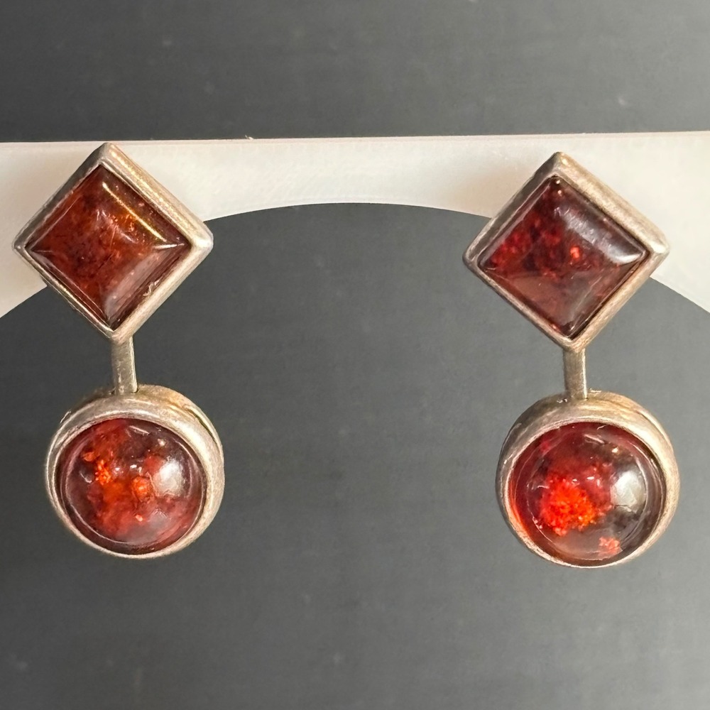 Vintage Cognac Baltic Amber 925 Sterling Silver Geometric Drop Earrings